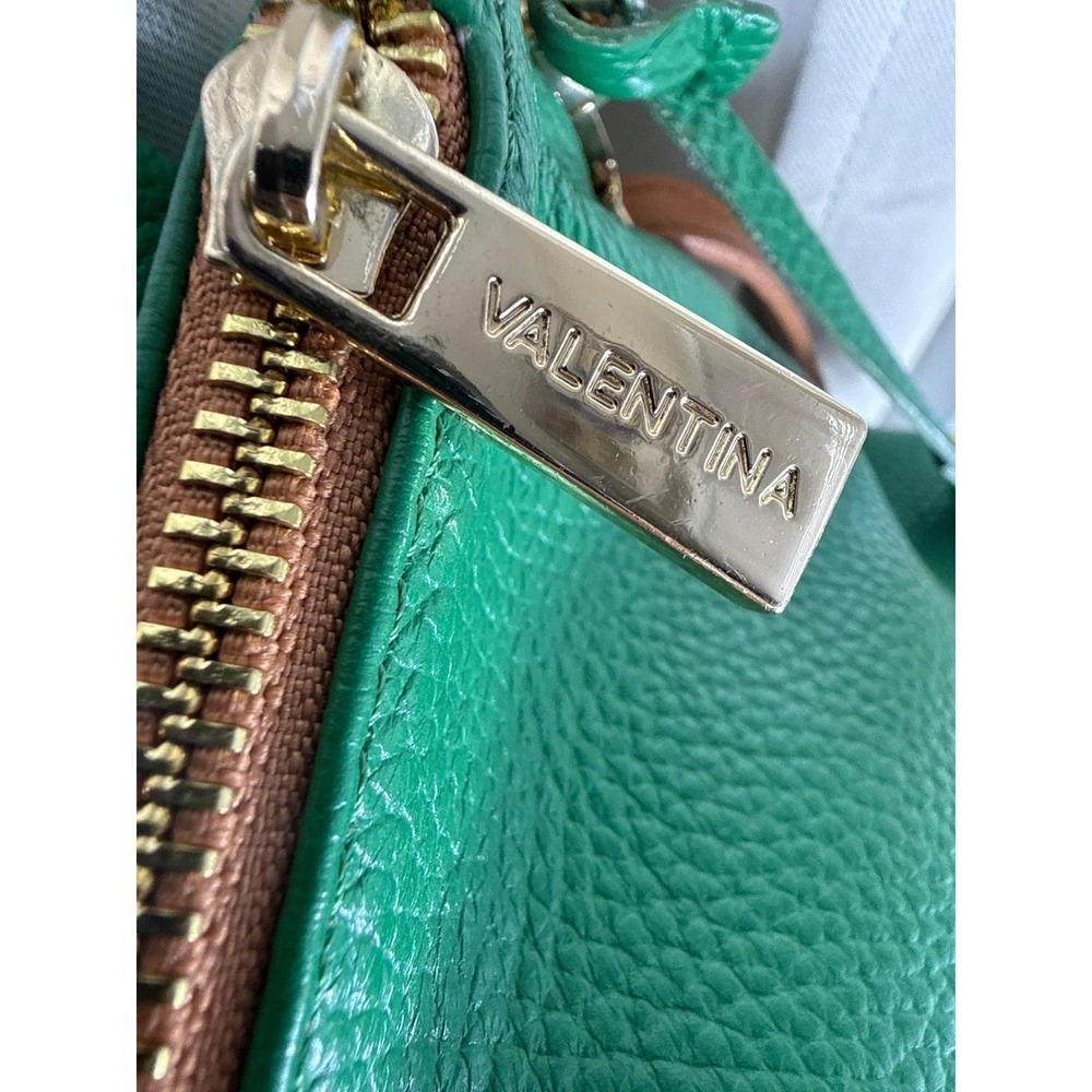 Valentina Green Pebbled Leather Crossbody Bag Made in Italy Tan Straps Gold Tone - Picture 6 of 6
